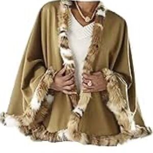 Tan Cape Wrap‎ Shawl Leopard Tiger Faux Fur Trim Beige MIDNIGHT VELVET One Size